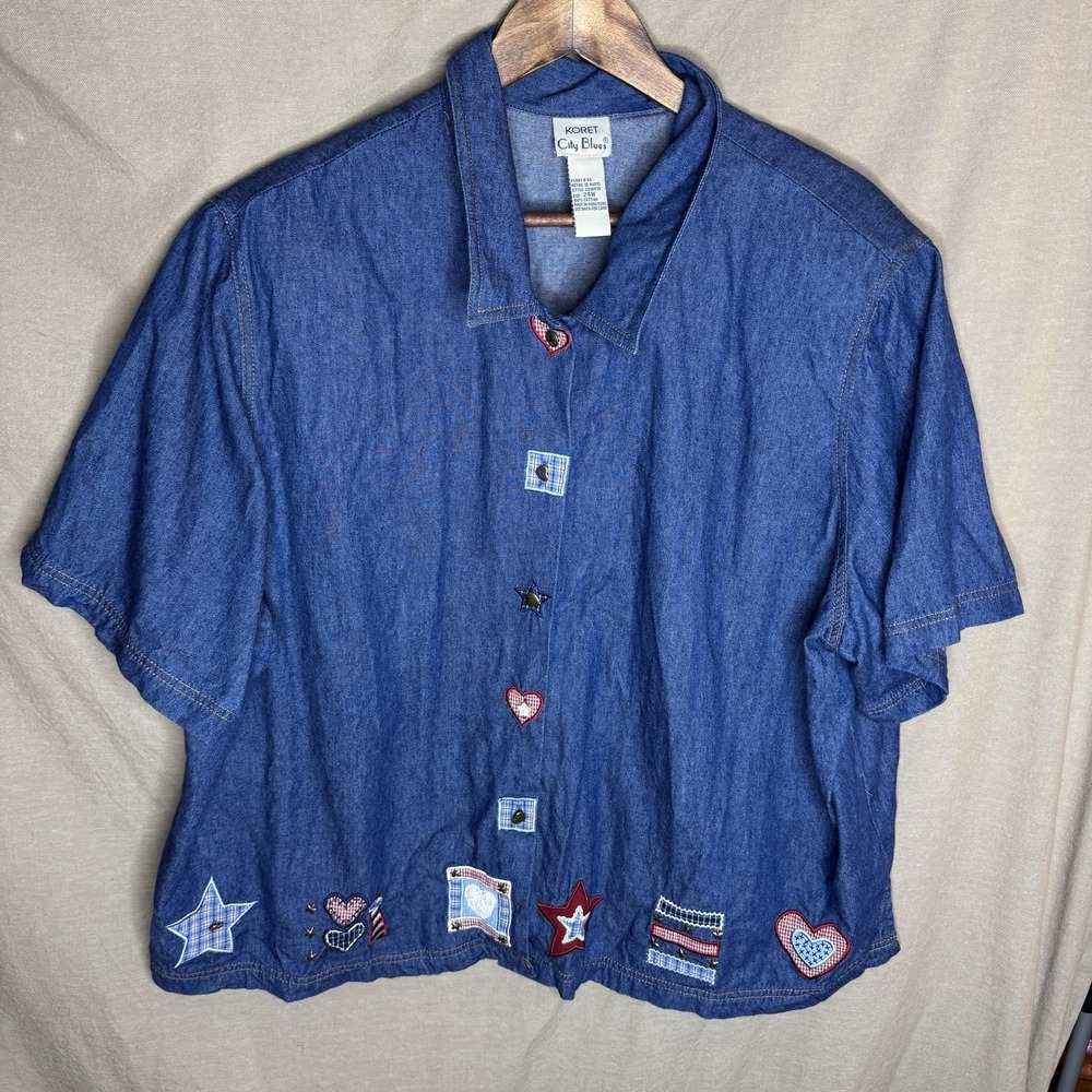 Vintage Koret Denim Top Women's 24W Blue Embroidered Patches Button Front Plus